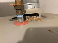 Corrosion and flue scorching at the top of a gas water heater inspected in Harrisburg PA